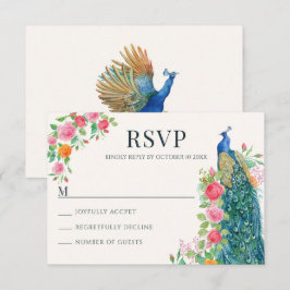 Tarjeta RSVP de ave pavo real azul floral
