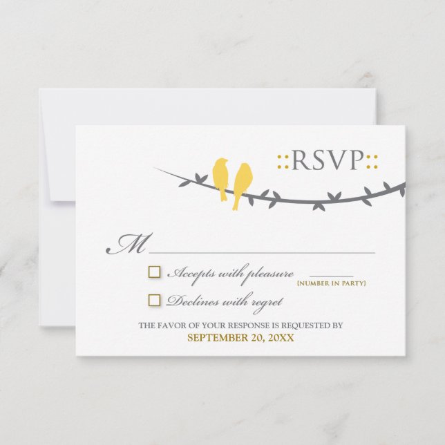 Tarjeta RSVP de Aves de Amor (amarillo y blanco) (Anverso)
