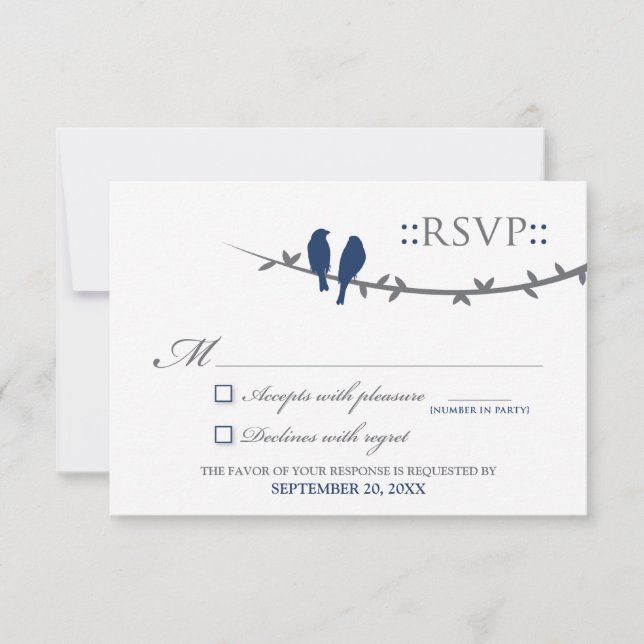 Tarjeta RSVP de Aves de Amor (azul marino y blanco (Anverso)