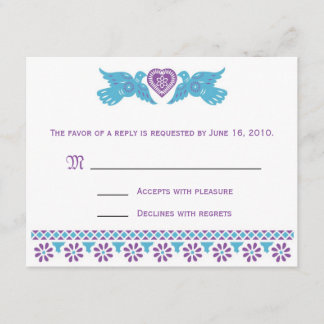 Tarjeta RSVP de Aves de Amor - púrpura y azul