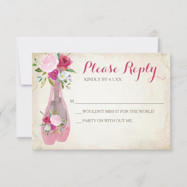 Tarjeta RSVP de Ballerina Rosa ~ zapato de ballet (Anverso)