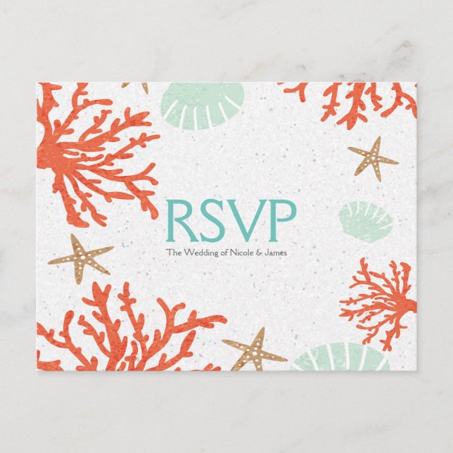 Tarjeta RSVP de Beach Coral Reef Sea Shell y Starf (Anverso)