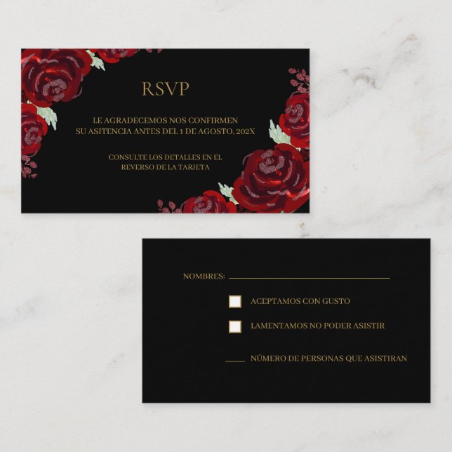 Tarjeta RSVP de Black Burgundy para quinceañera (Anverso / Reverso)