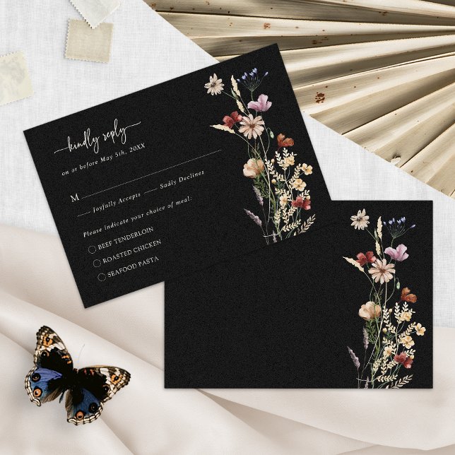 Tarjeta RSVP de Black Elegent Floral Boho (Black Elegant Floral Boho RSVP Card by Painted Paperie
)