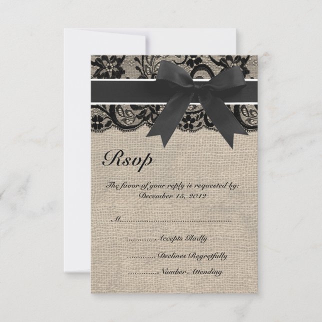 Tarjeta RSVP de Black Lace y Burlap Wedding (Anverso)