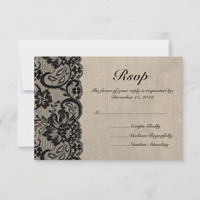 Tarjeta RSVP de Black Lace y Burlap Wedding (Anverso)