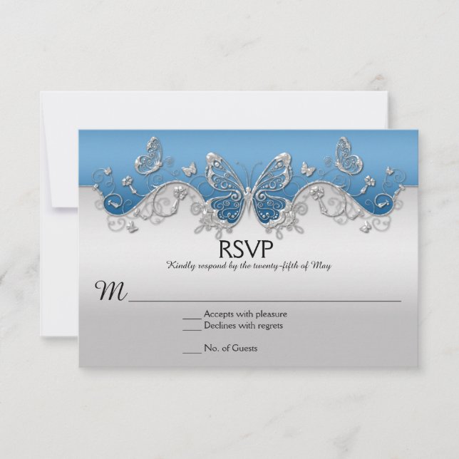 Tarjeta RSVP de Blue con mariposas Ornate Silver (Anverso)