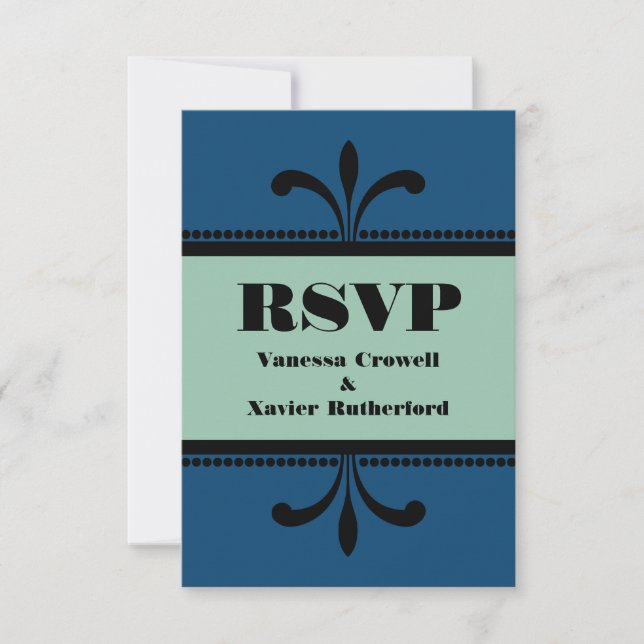 Tarjeta RSVP de Blue/Jade Fancy Art Deco (Anverso)