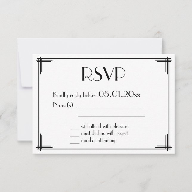 Tarjeta RSVP de Boda Art Deco Gatsby Grande de Oro (Anverso)