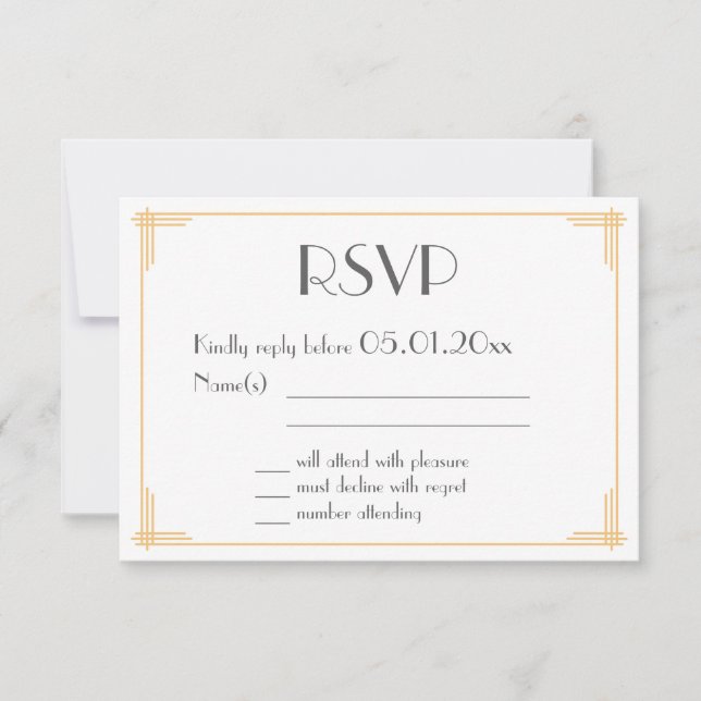 Tarjeta RSVP de Boda Art Deco Gatsby Grande de Oro (Anverso)