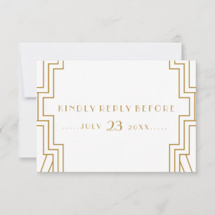 Tarjeta RSVP de Boda Art Deco Oro y Blanco