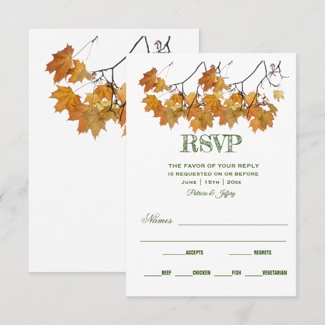 Tarjeta RSVP de boda artística para hojas de otoño (Anverso / Reverso)