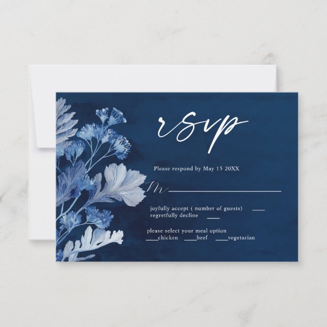 Tarjeta RSVP de Boda Azul Botánica Indigo (Anverso)