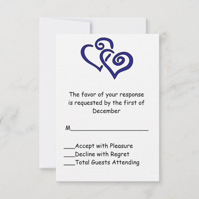 Tarjeta RSVP de Boda Azul de Doble Corazón (Anverso)