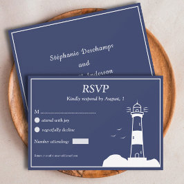 Tarjeta RSVP de boda azul de la Marina del Faro