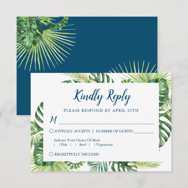 Tarjeta RSVP de Boda Azul de Verdor Tropical (Anverso / Reverso)