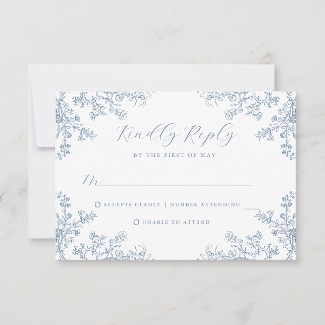 Tarjeta RSVP de Boda Azul Floral Vintage (Anverso)