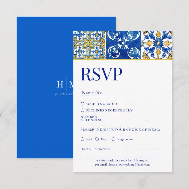 Tarjeta Rsvp de Boda azul moderna de verano medite (Anverso / Reverso)