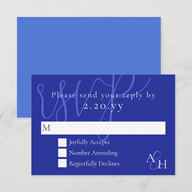 Tarjeta RSVP de boda azul oscuro de caligrafía (Anverso / Reverso)
