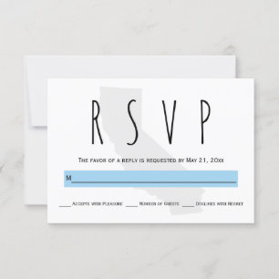 Tarjeta RSVP de boda azul tipográfica de Californi