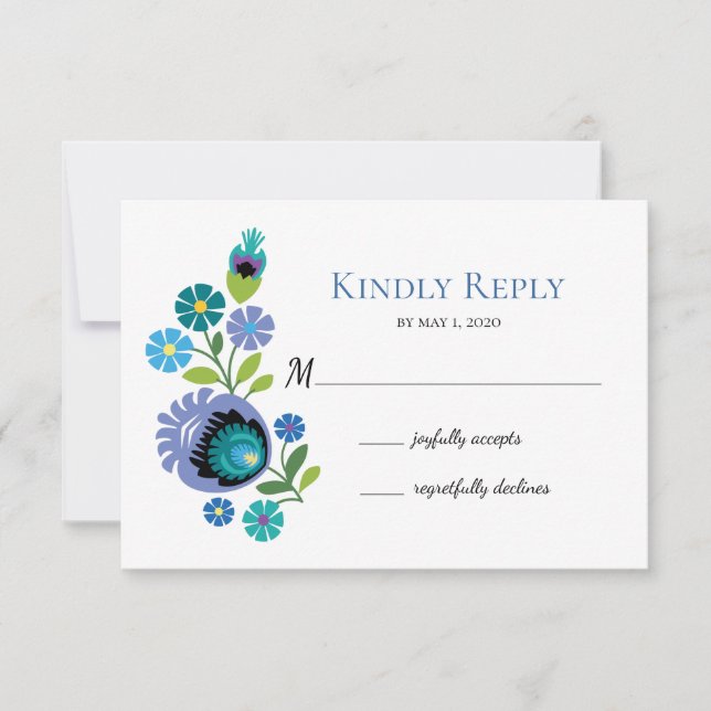 Tarjeta RSVP de Boda Azul Verde azulada de Flores  (Anverso)
