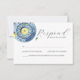 Tarjeta RSVP de boda azul y amarilla