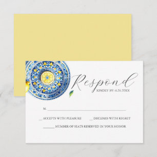 Tarjeta RSVP de boda azul y amarilla