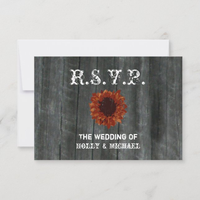 Tarjeta RSVP de boda - Barnwood y girasol (Anverso)