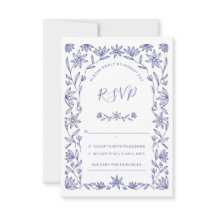 Tarjeta RSVP de Boda Blanca Azul Floral Mediterrán