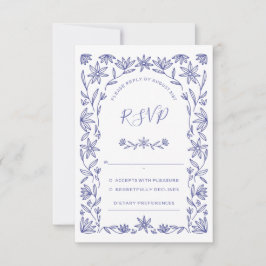 Tarjeta RSVP de Boda Blanca Azul Floral Mediterrán