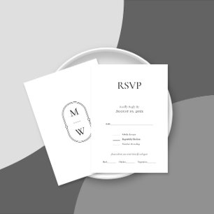 Tarjeta RSVP de Boda Blanca Negra Monograma minima