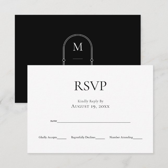Tarjeta RSVP de Boda Blanca Negra Monograma minima (Anverso / Reverso)
