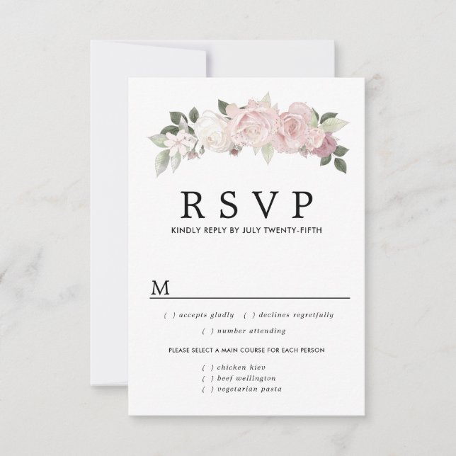 Tarjeta RSVP de boda blanca rosadaFloral, opciones (Anverso)
