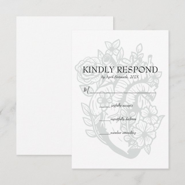 Tarjeta RSVP de Boda Blanca Sospechosa de Corazón  (Anverso / Reverso)