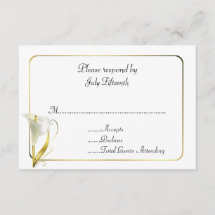 Tarjeta RSVP de boda blanca y dorada con Calla Lil