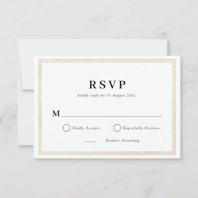 tarjeta RSVP de boda blanca y negra con marco dora (Anverso)
