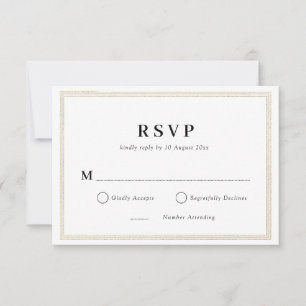 tarjeta RSVP de boda blanca y negra con marco dora