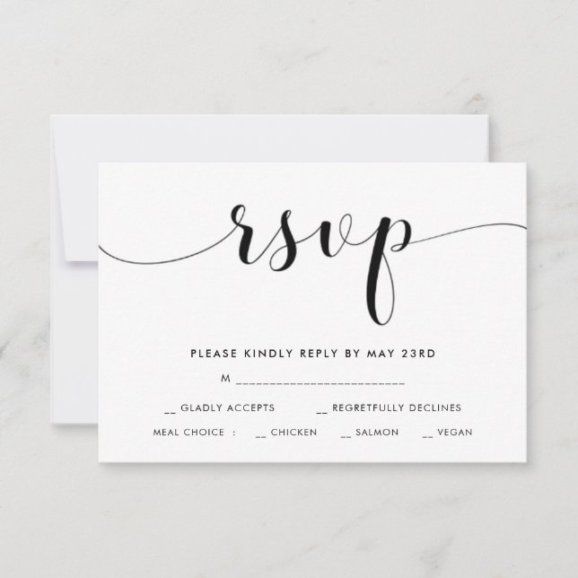 Tarjeta RSVP de boda blanca y negra con opción de  (Anverso)