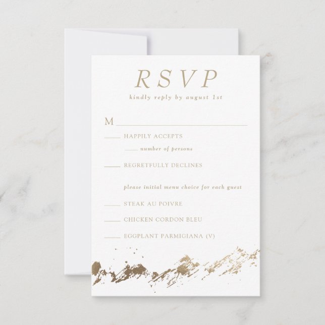 Tarjeta RSVP de Boda Blanca y Oro de las Montañas  (Anverso)