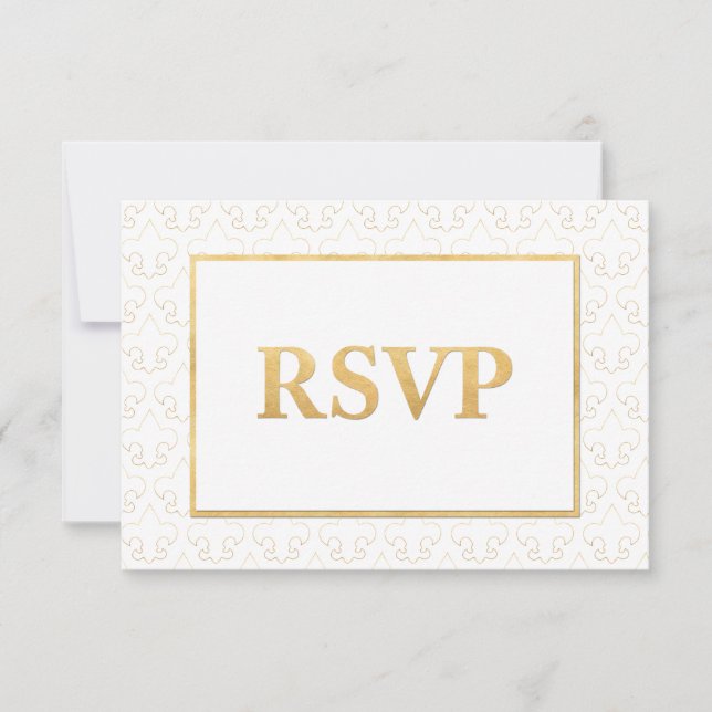 Tarjeta RSVP de Boda Blanca y Oro de Lis Wedding (Anverso)