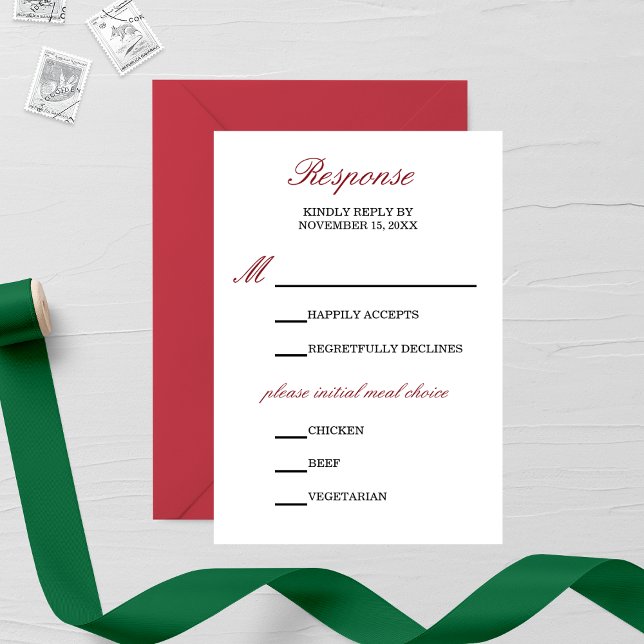 Tarjeta RSVP de boda blanca y roja de caligrafía (Subido por el creador)
