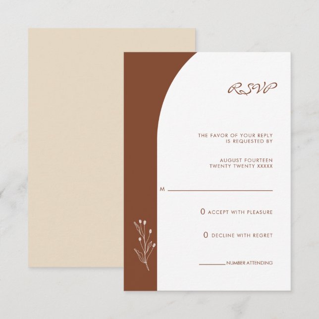 Tarjeta RSVP de boda bohemiana de terracota minima (Anverso / Reverso)