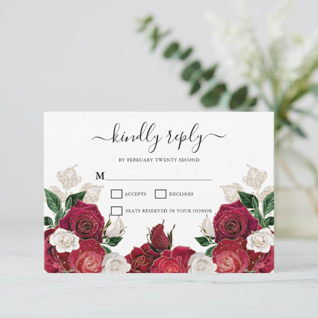 Tarjeta RSVP de Boda Borgoña y Floral Blanca (Anverso de pie)