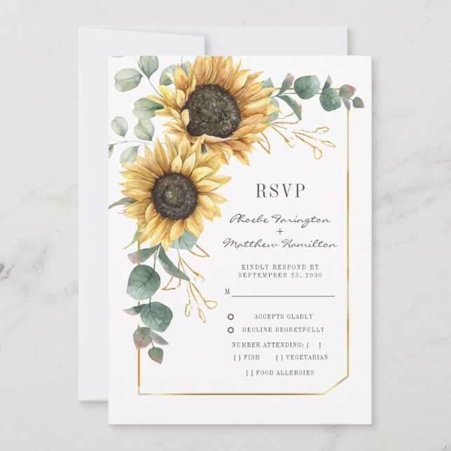 Tarjeta RSVP de boda botánica brillante con giraso (Anverso)