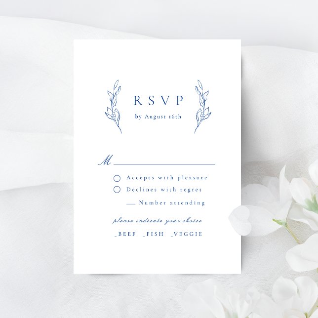 Tarjeta RSVP de boda botánica de elegancia simple  (Blue simple elegance botanical wedding RSVP card)