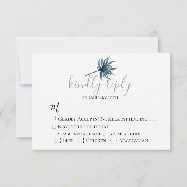 Tarjeta RSVP de Boda Botánica de Thistle Azul (Anverso)