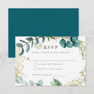Tarjeta RSVP de Boda Botánica Moderna verde azulad