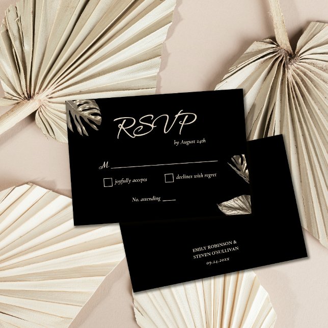 Tarjeta RSVP de Boda Botánica Negra y Oro (Subido por el creador)