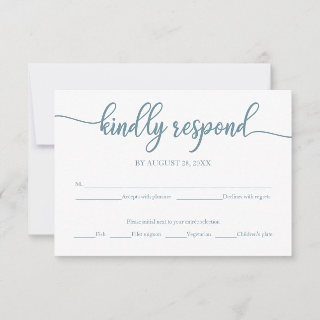 Tarjeta RSVP de boda caligrafía azul turbia (Anverso)