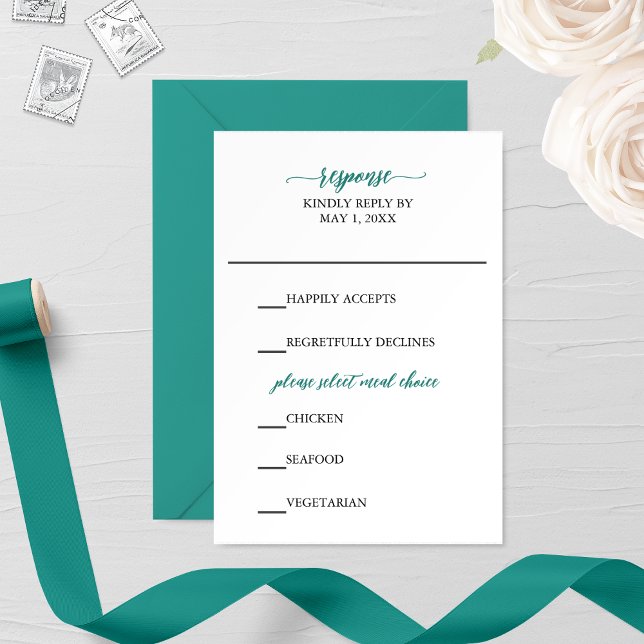 Tarjeta RSVP de boda caligráfica verde azulada (Subido por el creador)